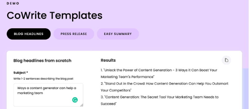 Writer’s CoWrite content generator creates blog headlines with just a one- to two-sentence blog description.
