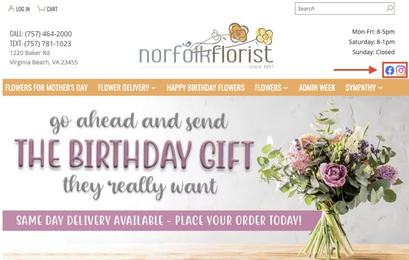 Norfolk Florist website with social media channels. 