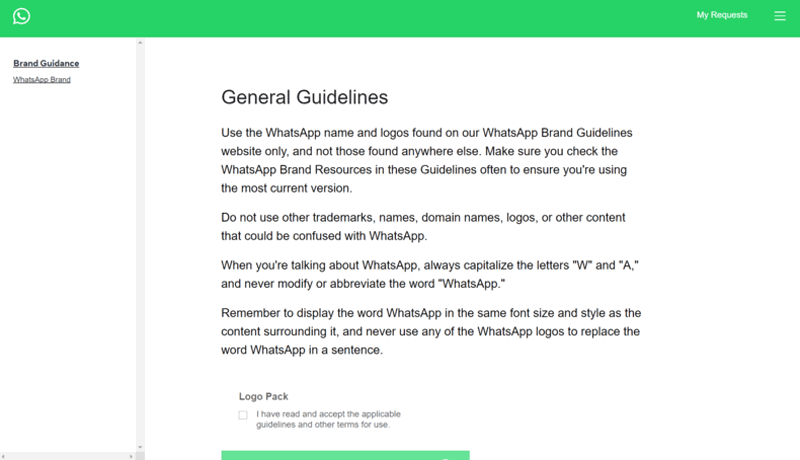 The landing page for WhatsApp’s brand guidelines.