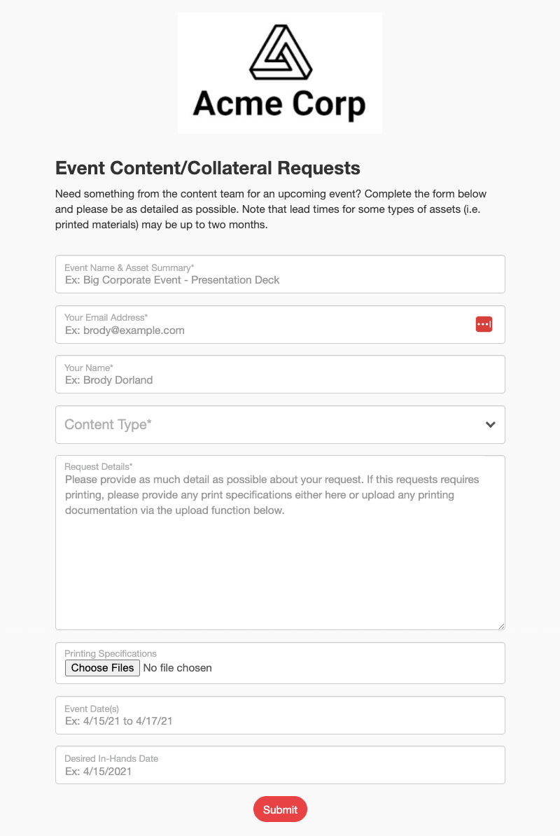 divvyhq content request form example - event collateral requests