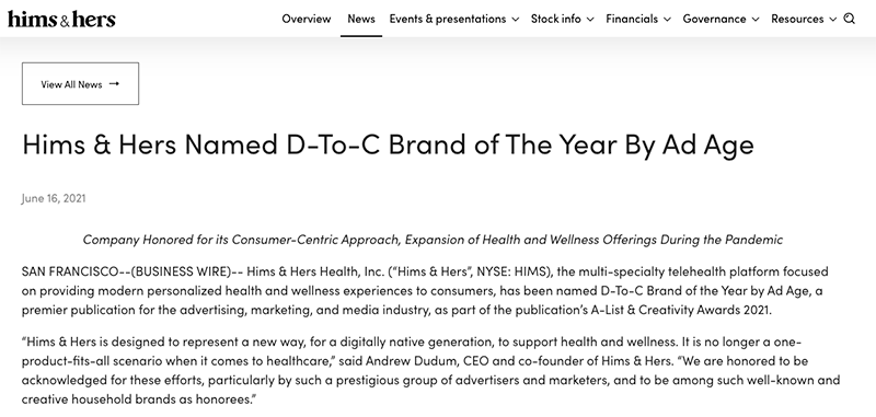 Hims & Hers - Brand of the Year Award